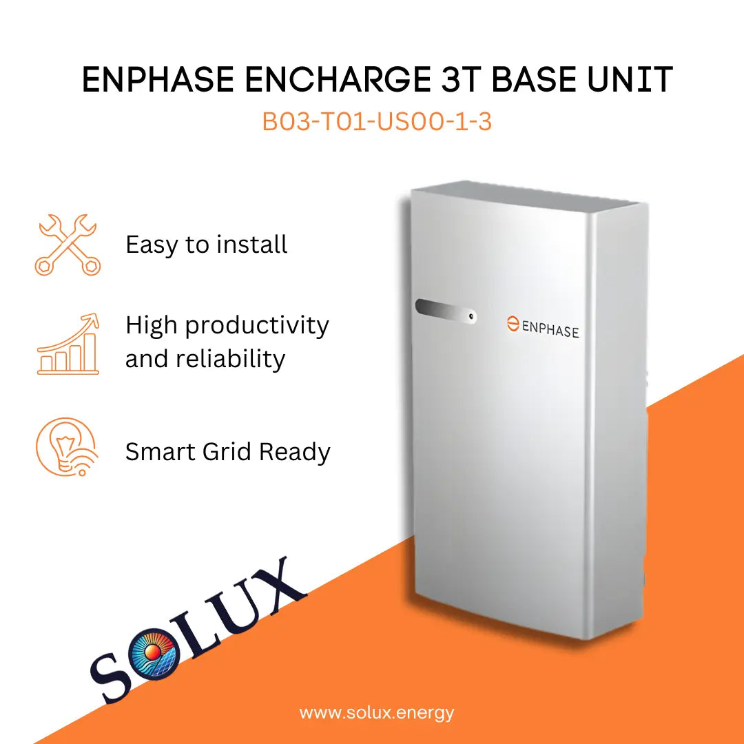Enphase Encharge 3T Base Unit (B03-T01-US00-1-3) graphic: Easy to install, reliable, and Smart Grid Ready.